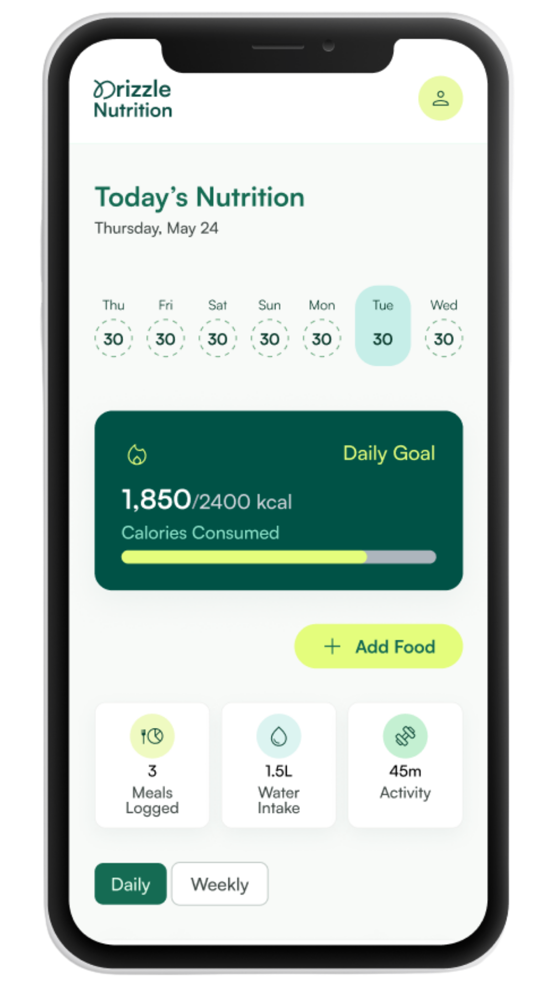 Drizzle Nutrition app dashboard on an iPhone