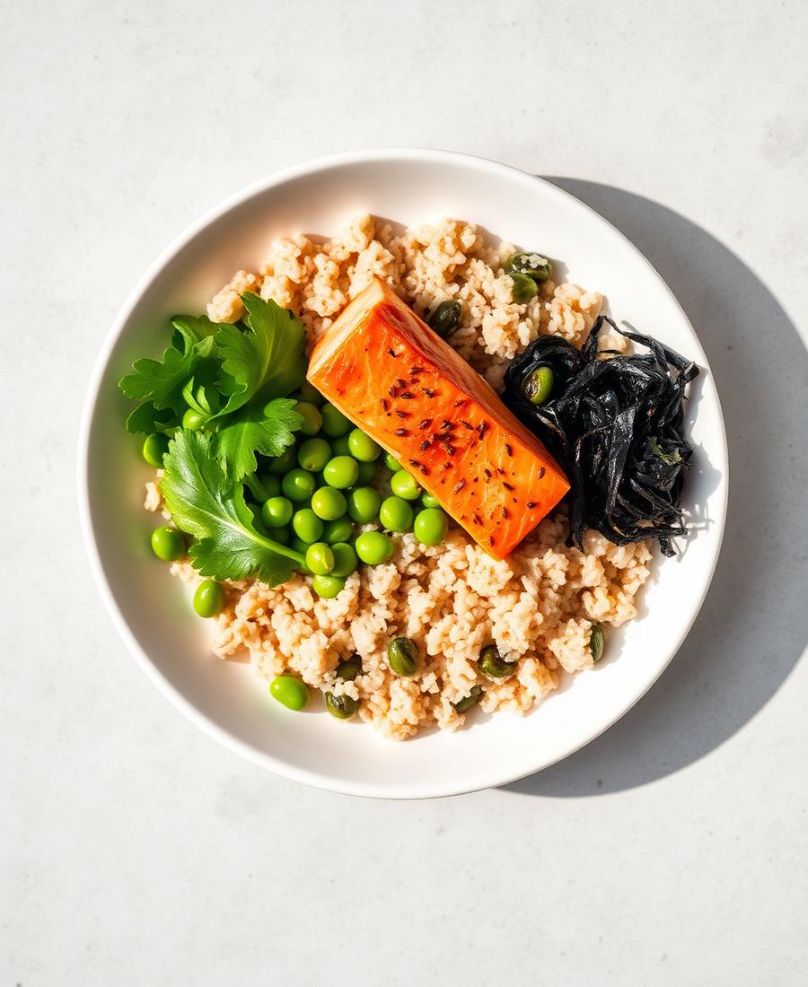 Mediterranean grain bowl with salmon and greens