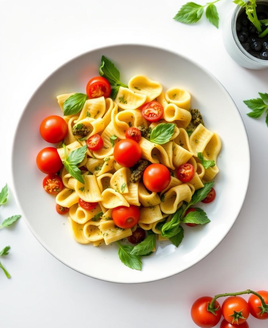 Pesto pasta salad with cherry tomatoes